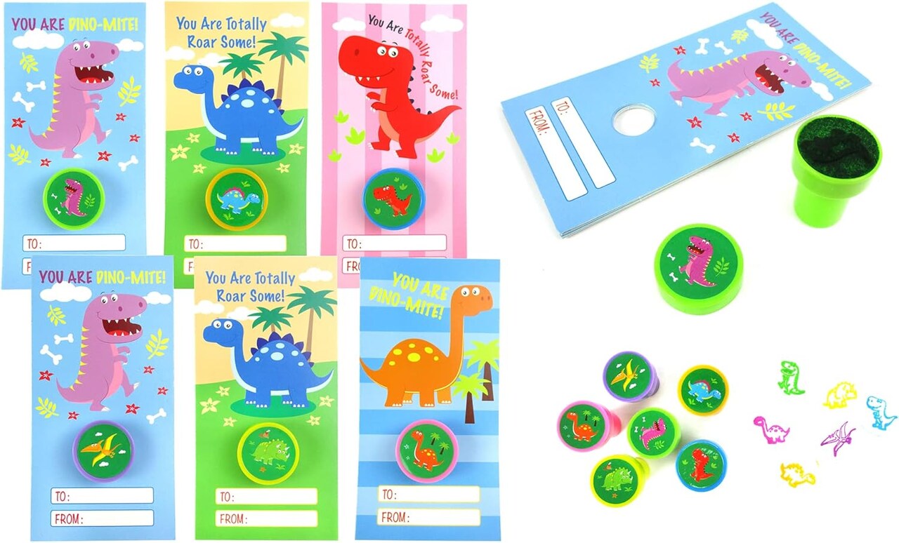 Tiny Mills 36 PACK Dinosaurs Valentine's Day Cards with Stampers for Valentine's Day Classroom Exchange Birthday Party Favor Prizes
